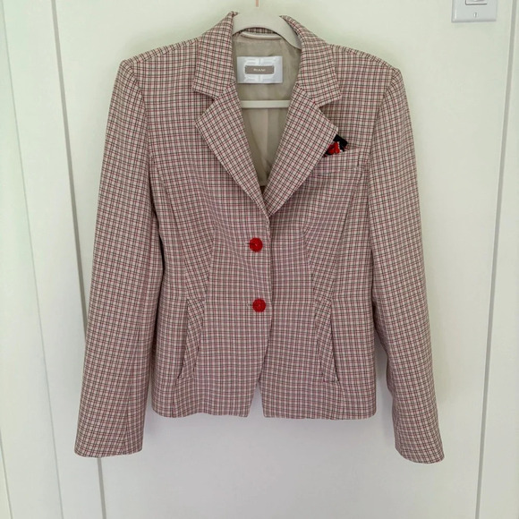 RIANI Jackets & Blazers - Riani Plaid Single Breasted Blazer Ivory Red  Blue Built-In Pocket Square Size 8